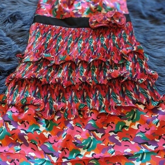 Phoebe Couture Floral Ruffled Belted Strapless Cocktail Midi Dress Size 12 - Picture 9 of 10